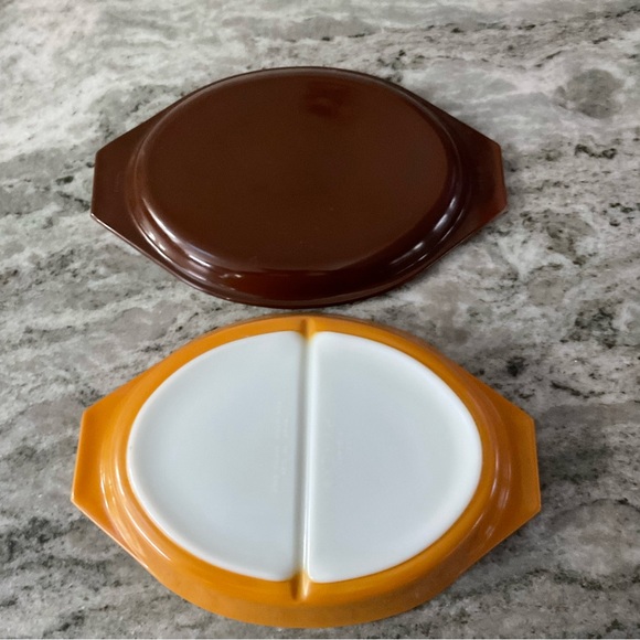 Vintage Old Orchard Pyrex divided casserole with lid 1 quart two tone brown - Picture 6 of 10